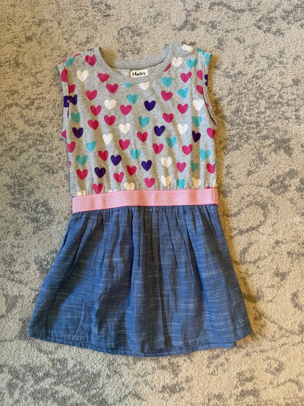 Hatley Grey Heart Print & Blue Skirt Girls Dress 100% cotton